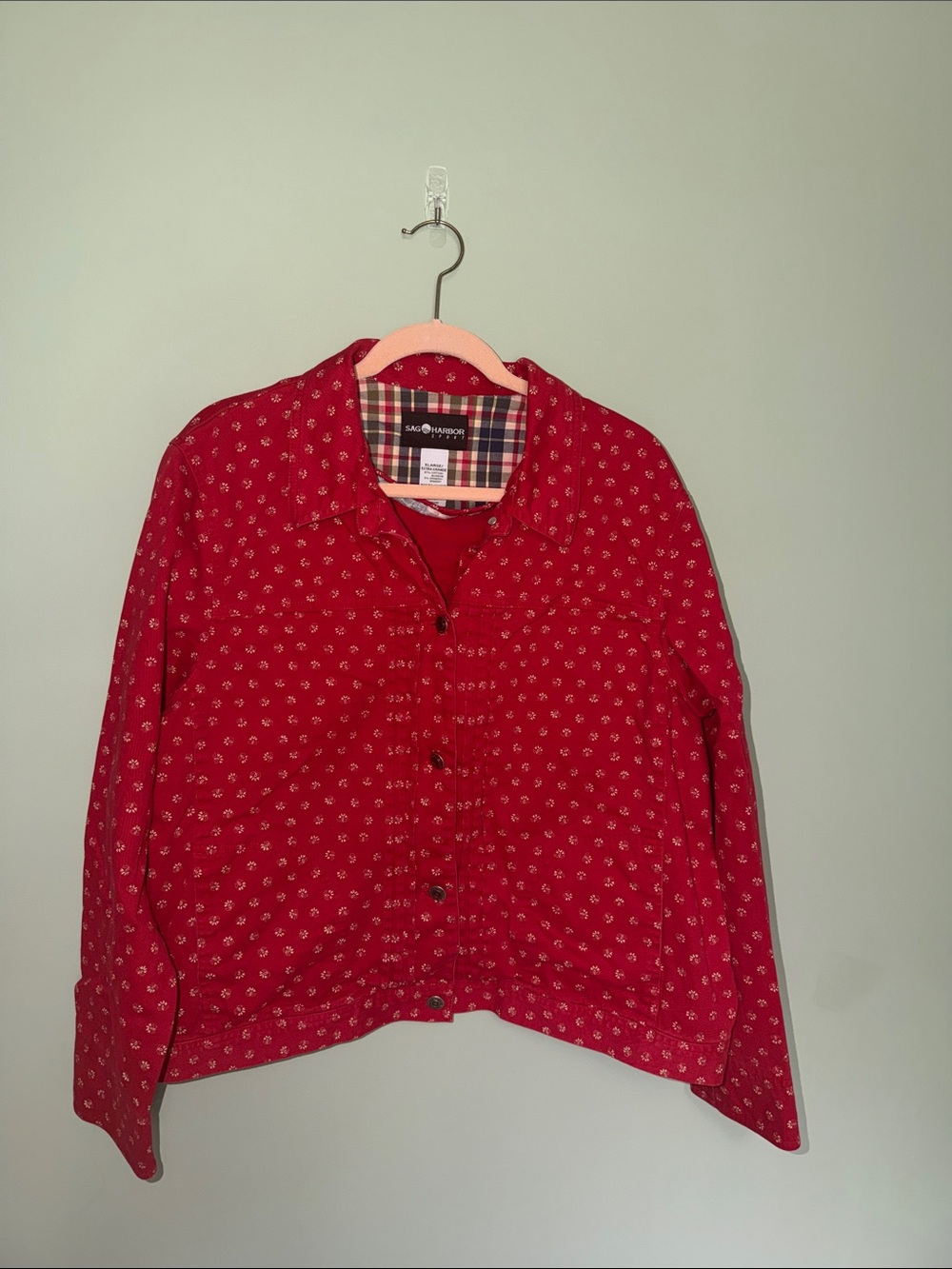 Sag Harbor Sport Red Floral Button Front Jacket Plaid Lining XL